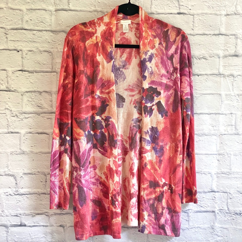 CHICO'S FLORAL LONG CARDIGAN SIZE 1